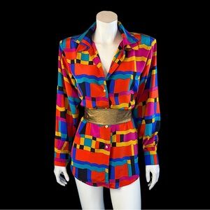 80s GEOMETRIC Abstract Vibrant Print Italian Blouse / M L